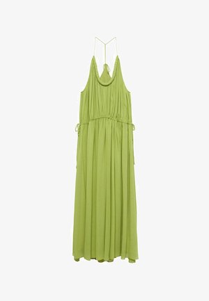 Robe longue sans manches de couleur vert clair, avec de fines bretelles, des détails en tissu froncé et des liens réglables à la taille et au cou.