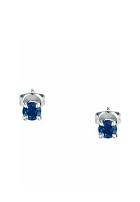 Blauwe edelstenen studoorbellen gezet in zilverachtig metaal, met een ronde vorm en een vierpuntszetting. Gladde oppervlakte, gepolijste afwerking.