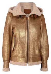 Metallic guldjacka med en mjuk, beige faux shearling-krage och ärmslut. Har en frontdragkedja och två sidofickor. Slät textur.