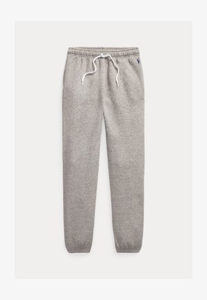 Grå joggebukser laget av myk, teksturert stoff, med snøring i livet og smalnende cuffs. Lite logo nær livet.