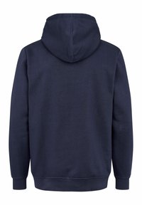 Sudadera azul marino con capucha ajustable, mangas largas y puños acanalados. Textura suave, sin patrones ni logotipos visibles. Vista trasera mostrada.