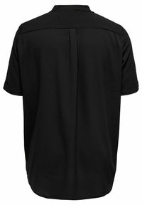 Camicia nera a maniche corte con colletto, caratterizzata da una cucitura posteriore dritta e una trama liscia. Nessun motivo o accentuazione visibili.