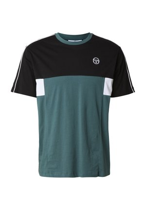 Maglietta da uomo a maniche corte con parte superiore nera, parte inferiore turchese, pannelli laterali bianchi e piccolo logo bianco sul petto a sinistra.