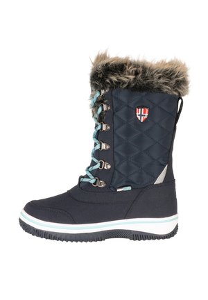 Navy waterproof winter boot with light blue laces, quilted sides, faux fur trim, and a red, white, and blue shield logo on the shaft.