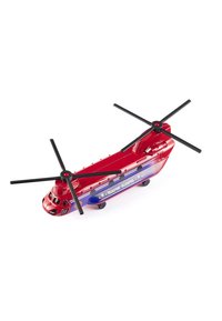 Red and blue transport helicopter model with black rotor blades, detailed surface, and text "TRANSPORT HELICOPTER" on the side.