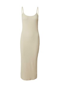 Beige Strick-Midikleid mit dünnen Trägern, strukturiertem Material, figurbetontem Schnitt und einer glatten, schlichten Oberfläche.