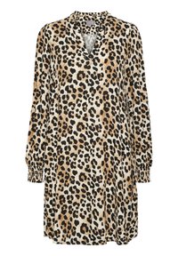 Leopardenmusterkleid mit langen Ärmeln, V-Ausschnitt, gerafften Manschetten, aus fließendem Stoff, in Beige-, Braun- und Schwarznuancen auf einem cremefarbenen Hintergrund.