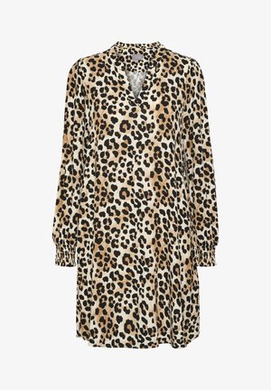 Haljina s uzorkom leopard, dugih rukava, v-izreza, s nabranim manžetama, od fluidnog materijala, s nijansama bež, smeđe i crne boje na krem pozadini.