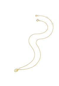 Collana in tonalità oro con design a catena attorcigliata e un piccolo pendente ovale con incisione floreale. Disponibile in due lunghezze regolabili.
