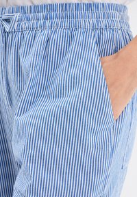 Pantaloni in tessuto a righe verticali blu e bianche con cintura elastica e tasche laterali. La texture appare liscia e leggera.