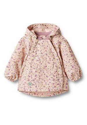 Płaszcz przeciwdeszczowy dla malucha z kapturem, w różowo-fioletowy kwiatowy wzór, z długimi rękawami zakończonymi elastycznymi mankietami oraz przednią kieszenią z klapką.