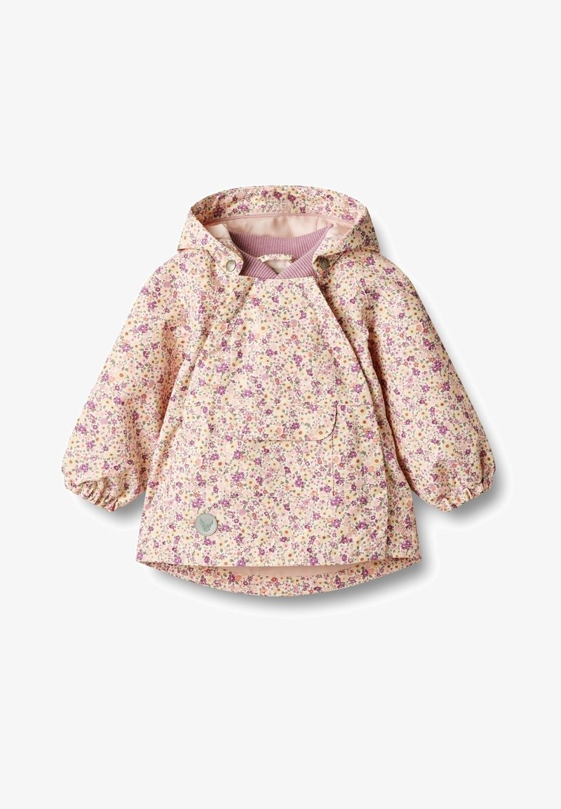 Imperméable à capuche pour tout-petit avec imprimé floral rose et violet, manches longues avec poignets élastiques, et poche avant avec rabat.