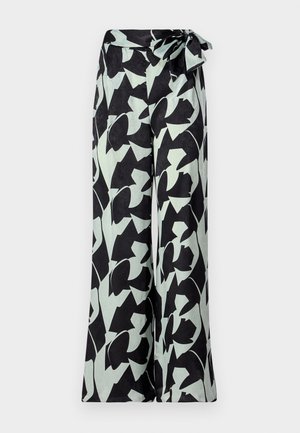 Pantaloni a gamba larga neri con motivi floreali astratti in verde menta. Presentano una vita alta con una cintura da annodare per una vestibilità regolabile.