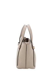 Beige leren handtas met een gestructureerde afwerking, twee bovenhandvatten en contrasterende zwarte accenten langs de randen. Compacter, gestructureerde vorm.