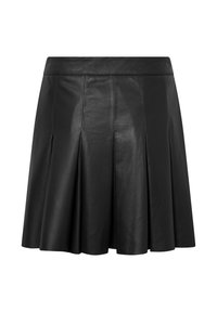 Gonna in pelle nera con vita aderente e design plissettato, caratterizzata da una texture liscia e un orlo svasato per un movimento aggiuntivo.