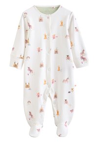 Body bébé en coton blanc à manches longues, avec un imprimé coloré d'animaux, de châteaux et de fleurs. Boutons pression pour un habillage facile.