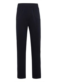 Zwarte joggingsbroek met een elastische tailleband, twee voorkantenzakken en contrasterende stiksels. Gemaakt van een zachte, rekbare stof voor comfort.