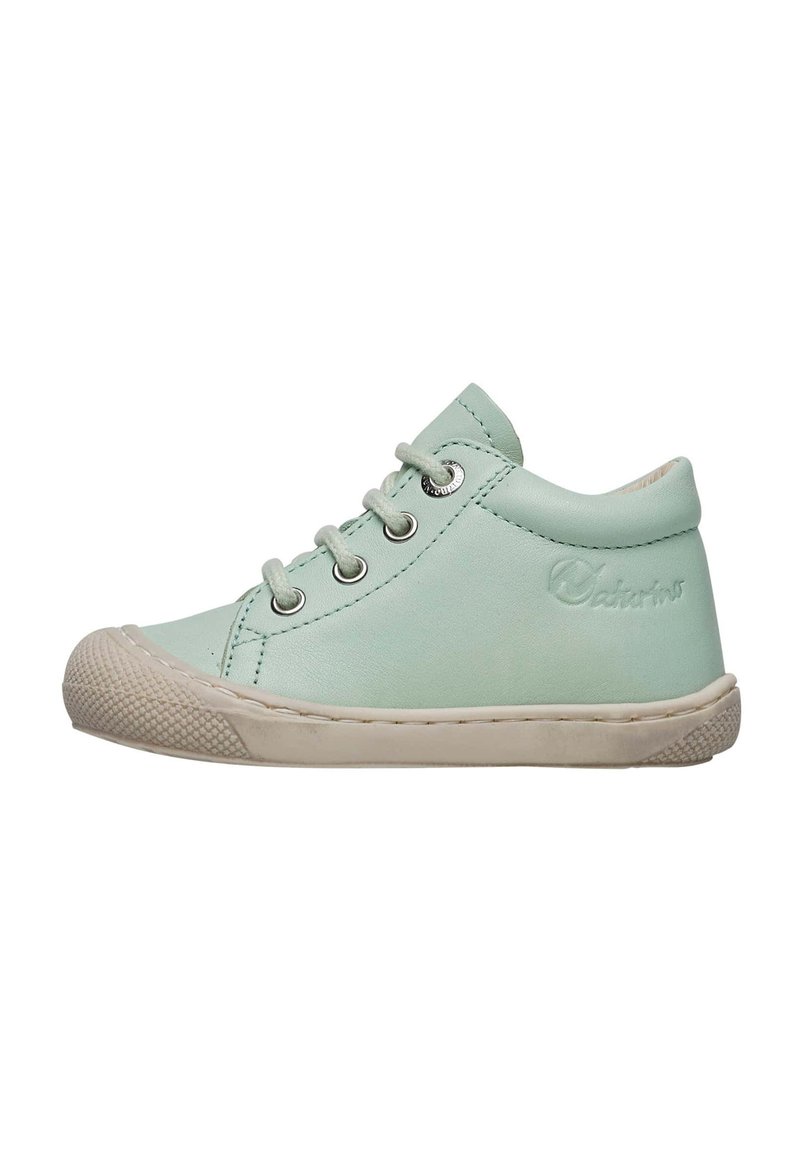 Sneaker in pelle verde menta con design a profilo basso, punta rotonda, occhielli in metallo e suola in gomma testurizzata. Dettagli cuciti lungo i bordi.