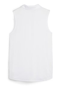 Biela bezrukávová polokošeľa vyrobená z hladkej, ľahkej tkaniny. Obsahuje golier a zaoblený lem bez ďalších ozdôb.