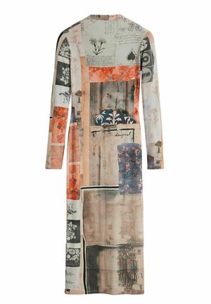 Long-sleeve dress featuring a collage print of flowers, textures, and handwritten styles on a light background. Soft, flowing material.