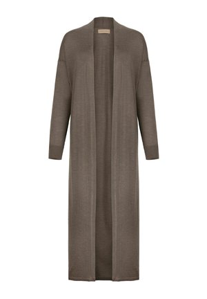 Lange, openvallende bruine cardigan met lange mouwen, zachte gebreide stof en een losse pasvorm, geschikt om te combineren.