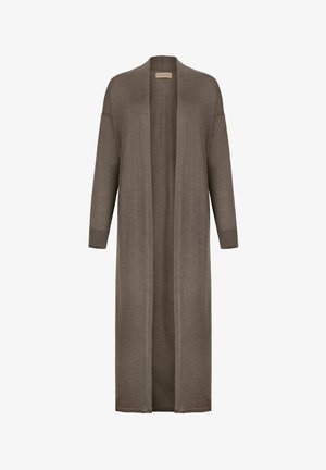 Lang, brun cardigan med åben front, lange ærmer, blødt strikket stof og en løs pasform, der er velegnet til lag-på-lag.