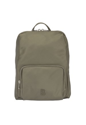 Mochila rectangular de color verde oliva con un bolsillo frontal con cremallera, compartimento principal con doble cremallera, asa superior y el logo "B" en relieve en el bolsillo.