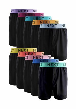 Schwarze Boxer-Shorts mit bunten elastischen Taillenbändern, die mit „NEXT“-Branding versehen sind. Enthält lila, rosa, blau, grün, orange und gelbe Bänder.