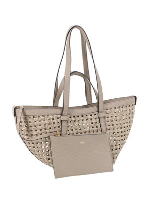 Sac fourre-tout tissé beige avec deux longues anses et une pochette zippée texturée assortie fixée à l'avant.