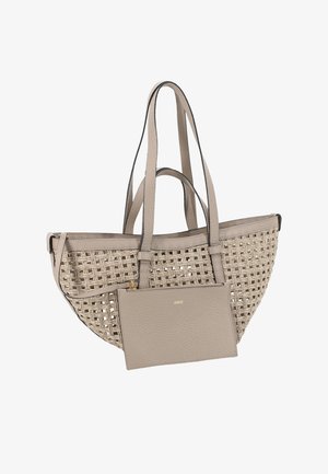 Bolsa tote beige tejida con dos largas correas y un estuche con cremallera texturizado a juego, unido en la parte frontal.