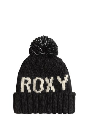 Zwarte gebreide muts met een witte "ROXY" tekst en een pompon bovenop. Geribbelde rand met een gestructureerd patroon over het hele lichaam.