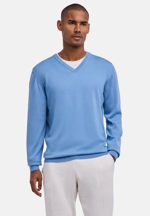 Uomo che indossa un maglione a V color azzurro chiaro sopra una camicia bianca e pantaloni bianchi, in piedi con una mano nella tasca contro uno sfondo bianco.