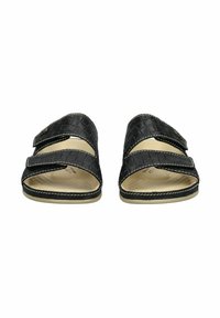 Zwarte slide sandalen met twee verstelbare klittenbandriemen, een getextureerde bovenkant met een geweven patroon en een beige, gevoerde zool.