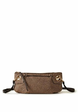 Brown textured leather clutch bag with gold circular hardware and a detachable black strap, displayed against a white background.