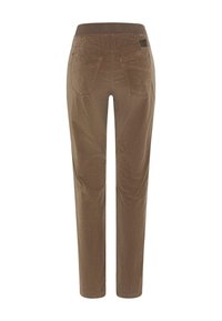 Brown, fitted pants with a smooth texture, elastic waistband, and two back pockets featuring subtle stitching details.