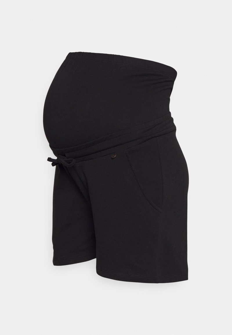 Calças de maternidade pretas feitas de um tecido suave, com uma cintura larga e elástica, detalhes de laço e bolsos laterais.