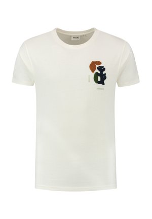 Krémový bavlněný tričko s kulatým výstřihem a krátkými rukávy. Výrazná vyšívaná grafika v tmavě zelené, hnědé a černé barvě na hrudi.