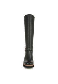 Zwarte leren laars tot de knie met een ronde neus, een zijrits en een decoratieve gesp detail bij de enkel. Gevoelige afwerking en platte zool.