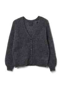 Cardigan grigio lavorato a maglia con scollo a V, maniche lunghe a sbuffo e chiusura con bottoni. Realizzato in una miscela testurizzata di lana per calore e comfort.