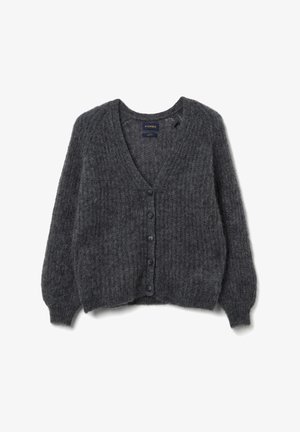 Graue Strickjacke mit V-Ausschnitt, langen Puffärmeln und Knopfverschluss. Hergestellt aus einer strukturierten Wollmischung für Wärme und Komfort.