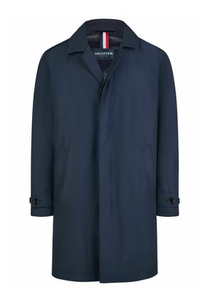 Marineblauer einreihiger Herren-Trenchcoat mit geknöpften Manschetten und Seitentaschen, Kragen und verdeckten Frontknöpfen.
