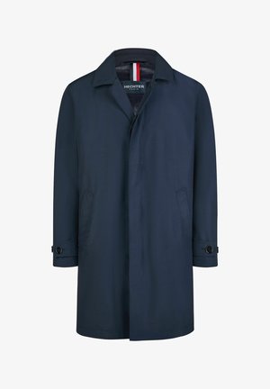 Marineblauer einreihiger Herren-Trenchcoat mit geknöpften Manschetten und Seitentaschen, Kragen und verdeckten Frontknöpfen.