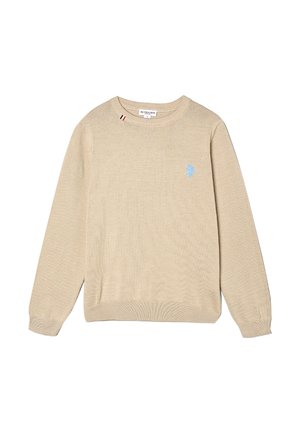 Maglione beige a maniche lunghe con girocollo, polsini e orlo a coste, con piccolo logo ricamato blu sul petto sinistro.