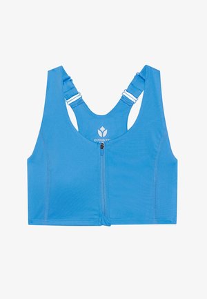 Blå sportbh i jämn tyg, med en dragkedja fram, breda axelremmar och en logotyp centrerad på bröstet.