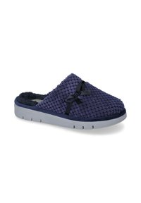 Pantofole blu navy con una parte superiore in tessuto a maglia testurizzata, punta rotonda e un caldo rivestimento in pelliccia. Presentano un accento in nastro nero sul lato.