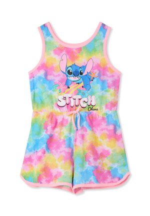 Tuta colorata con motivo tie-dye rosa, blu e giallo. Include una grafica di Stitch, vita con coulisse e design senza maniche.