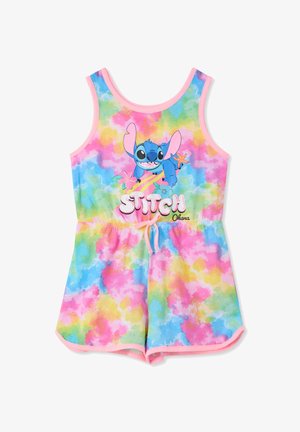 Tuta colorata con motivo tie-dye rosa, blu e giallo. Include una grafica di Stitch, vita con coulisse e design senza maniche.