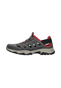 Gray hiking shoe with red accents, featuring mesh cutouts, gray laces, padded collar, and textured rubber sole designed for traction.