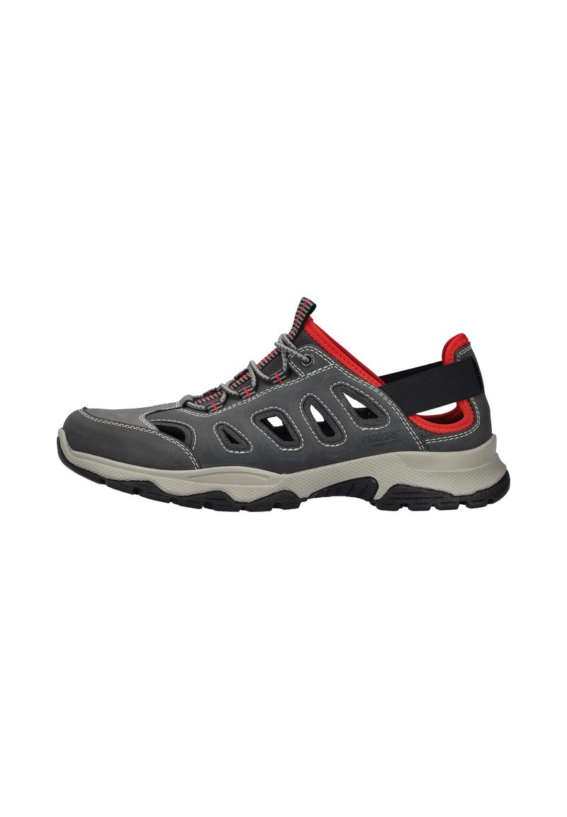 Gray hiking shoe with red accents, featuring mesh cutouts, gray laces, padded collar, and textured rubber sole designed for traction.
