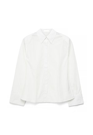 Long-sleeve white button-up shirt with pointed collar and concealed front buttons, laid flat on a white background.